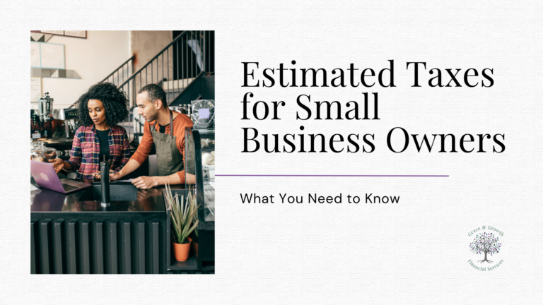 Article cover graphic titled “Estimated Taxes for Small Business Owners: What You Need to Know” featuring a photo of two small business owners reviewing finances on a laptop, with Grace & Growth Financial Services branding.