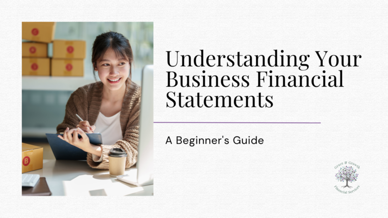 Article cover graphic with the title "Understanding Your Business Financial Statements: A Beginner's Guide." On the left, a small business owner smiles while reviewing financial information on a tablet at a desk with a notebook and coffee. The Grace & Growth Financial Services logo appears in the bottom right corner.